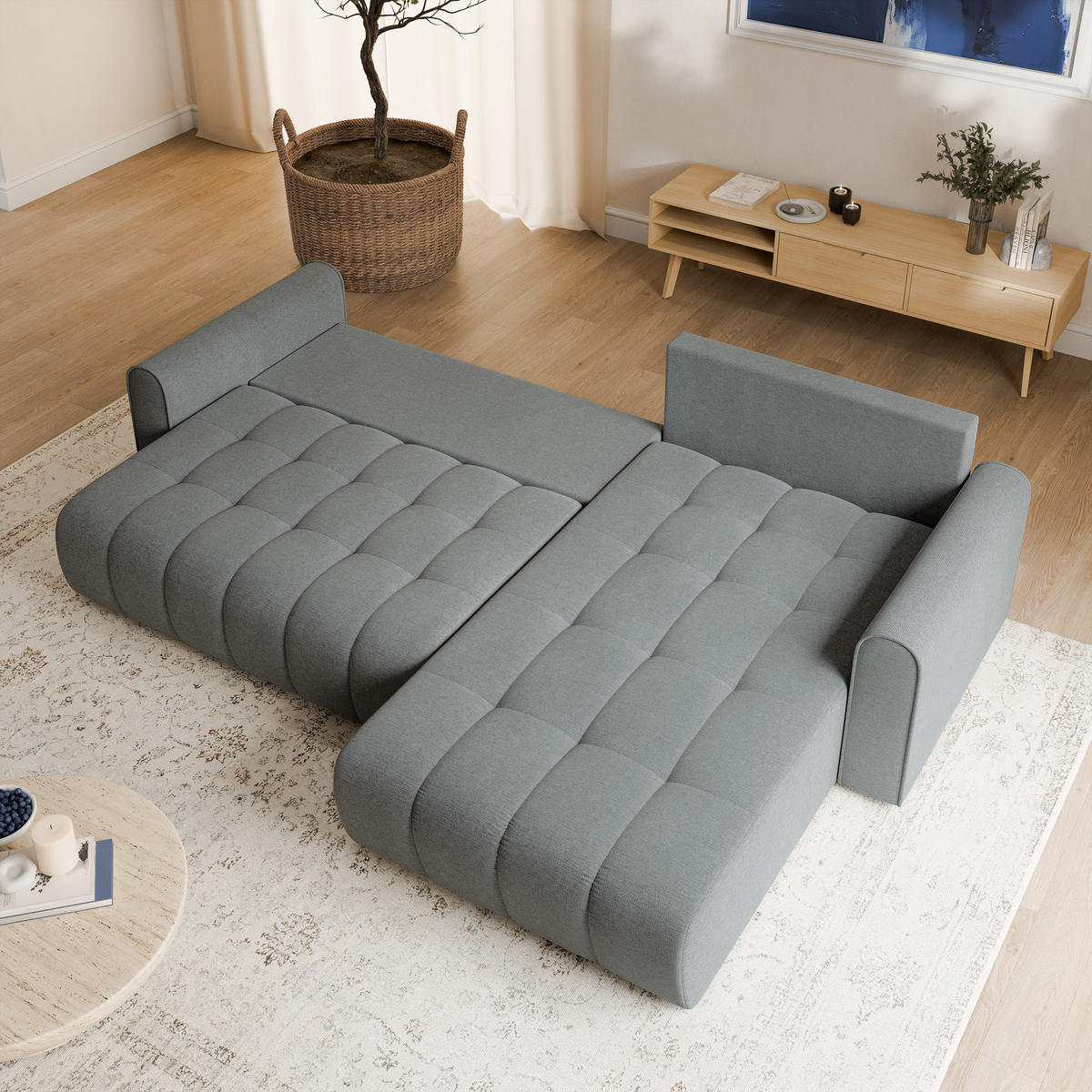 ECKSOFA FRIGA Grau Strukturstoff mit Schlaffunktion - Grau, Holz (283/185cm) - MASSENO
