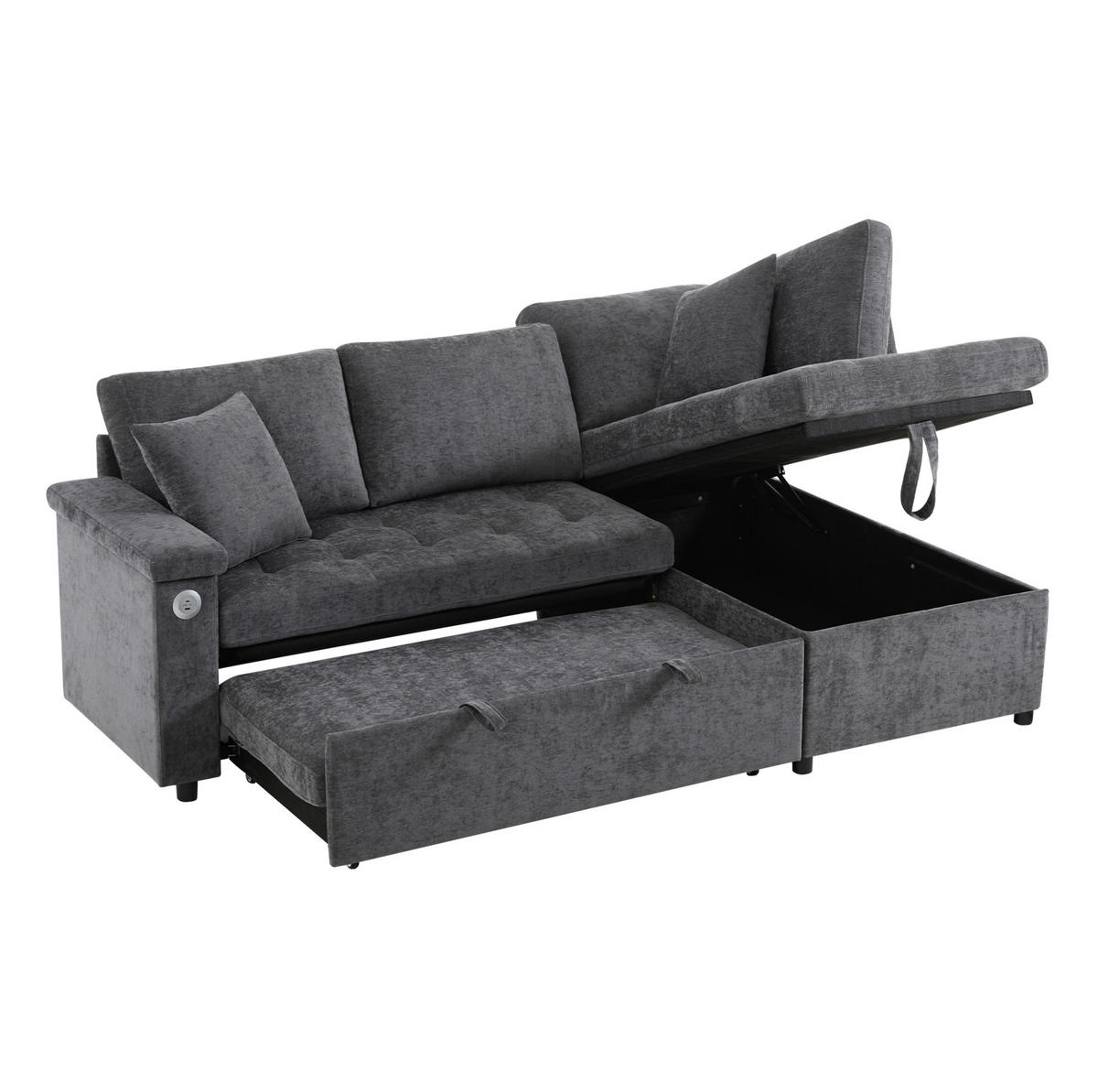 ECKSCHLAFSOFA L-Form, Chenille mit Stauraum & USB-Anschluss, 209/130/84 cm, Dunkelgrau - Dunkelgrau, Textil (130/84/209cm) - Redom