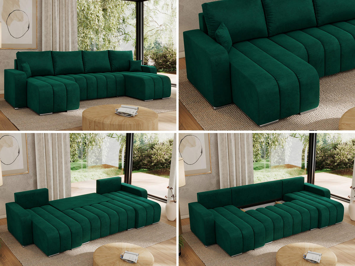 WOHNLANDSCHAFT KIRASSO U Dunkelgrün Velvet - Dunkelgrün/Grau, Textil/Metall (320/86/147cm) - MKS