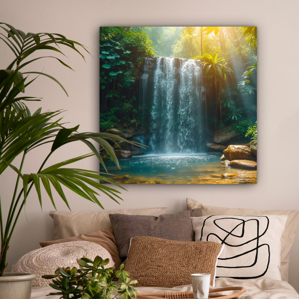 LEINWANDBILD Wasserfall - Dschungel - Sonne - Grün - Natur 90x90 cm - Grün, Textil (90/90cm) - MuchoWow