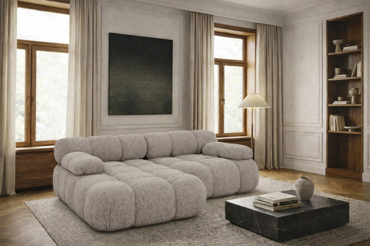 ECKSOFA L-form Mini Modular, Bouclé-Stoff Abriamo, Beige, Links, Selia - Beige, Holz (190/160cm) - Kaiser Möbel