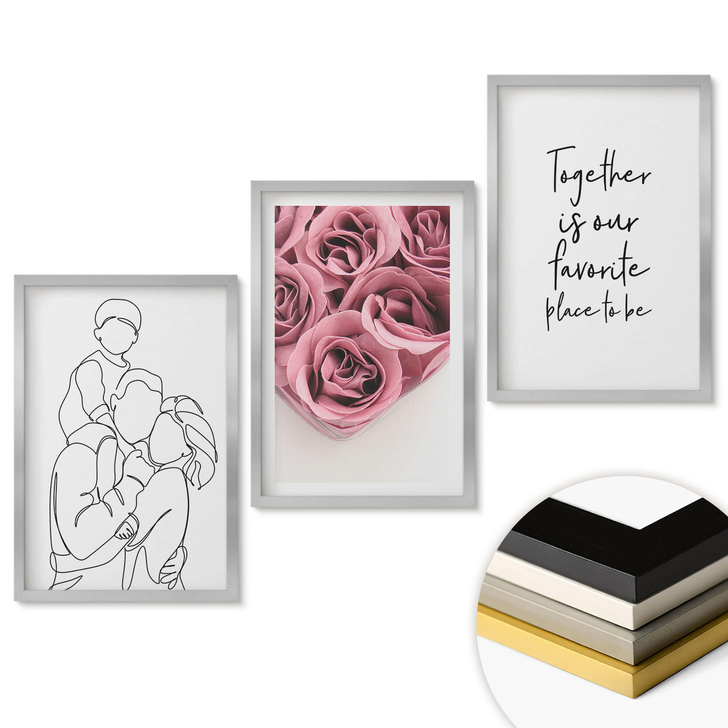 WANDBILDER 3er Set - 40x60 cm Silberner Rahmen - Rosensträuße als Familienzeichnung - Silberfarben, Kunststoff (40/60cm) - ArtPrintCave