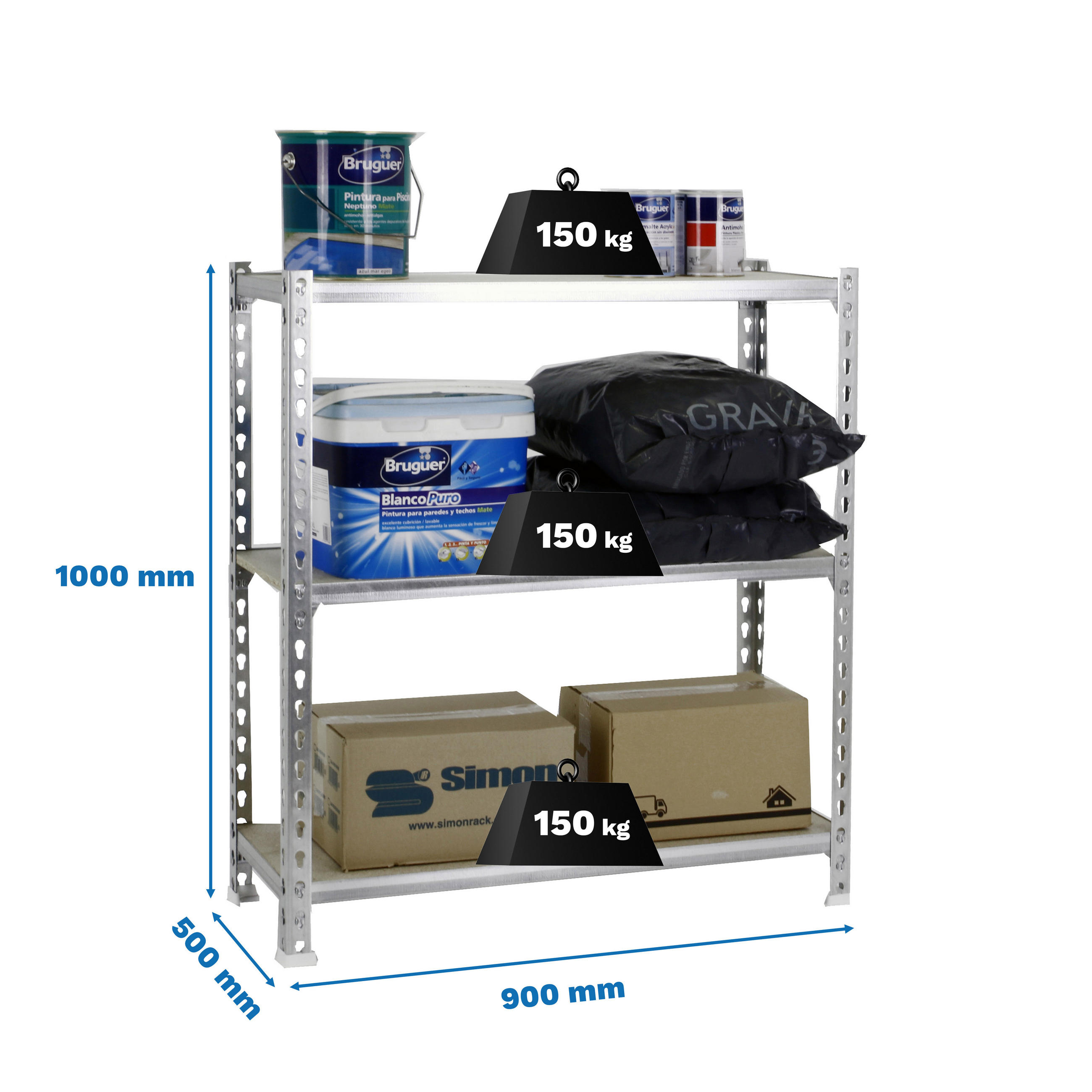 SCHWERLASTREGAL Small Muli HxBxT 100 x 90 x 50 cm 3 Fachböden Fachlast 150 kg Verzinkt - Silberfarben, Metall (90/100/50cm) - PROREGAL