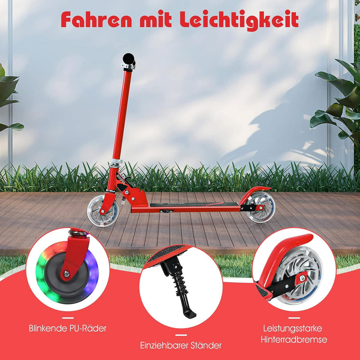 SCOOTER 85cm Rot - Rot, Metall (10/85/70cm) - COSTWAY
