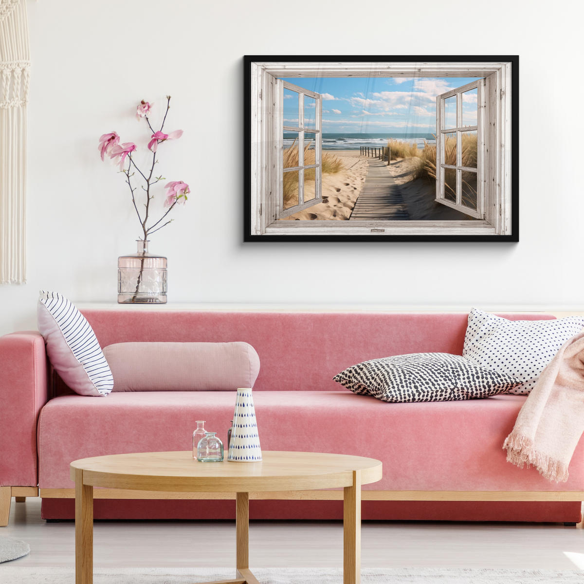 ZARÁMOVANÝ PLAGÁT Okno - more - pobrežie - príroda - výhľad - pláž - Waddenské more 90x60 cm - béžová, papier (90/60cm) - MuchoWow