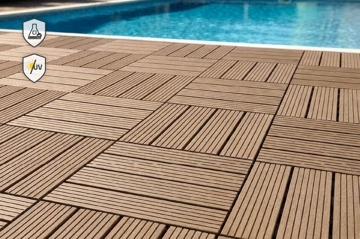 30ER-SET Terrassenplatten aus SERRA-Verbundwerkstoff in Teakoptik mit Rillen, 30 x 30 cm - Teakfarben, Holzwerkstoff (30/30/2cm) - Casanoov