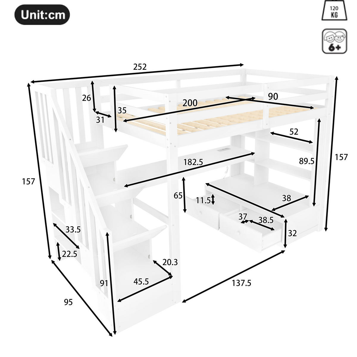 HOCHBETT mit Schreibtisch 90/200 cm in Weiß – mit Regalen, Schubladen und Treppe - Weiß, Holzwerkstoff (90/200cm) - BEAOK
