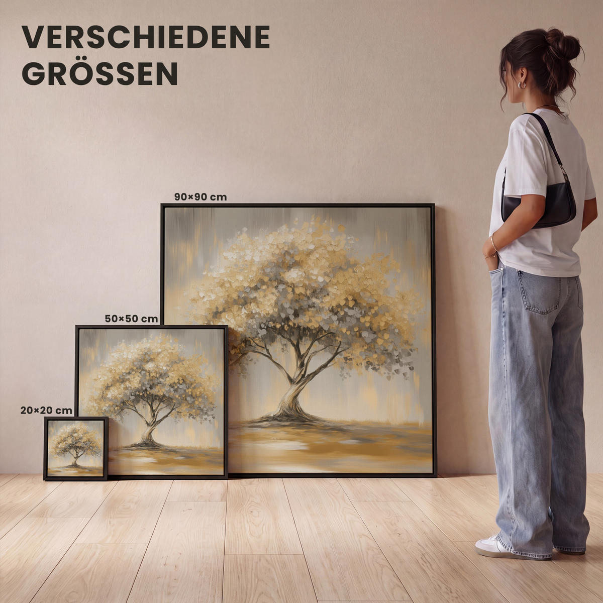 LEINWAND Bilder mit Rahmen - Gemälde - Baum - Abstrakt - Blätter - 20x20 - Beige, Textil (20/20cm) - MuchoWow