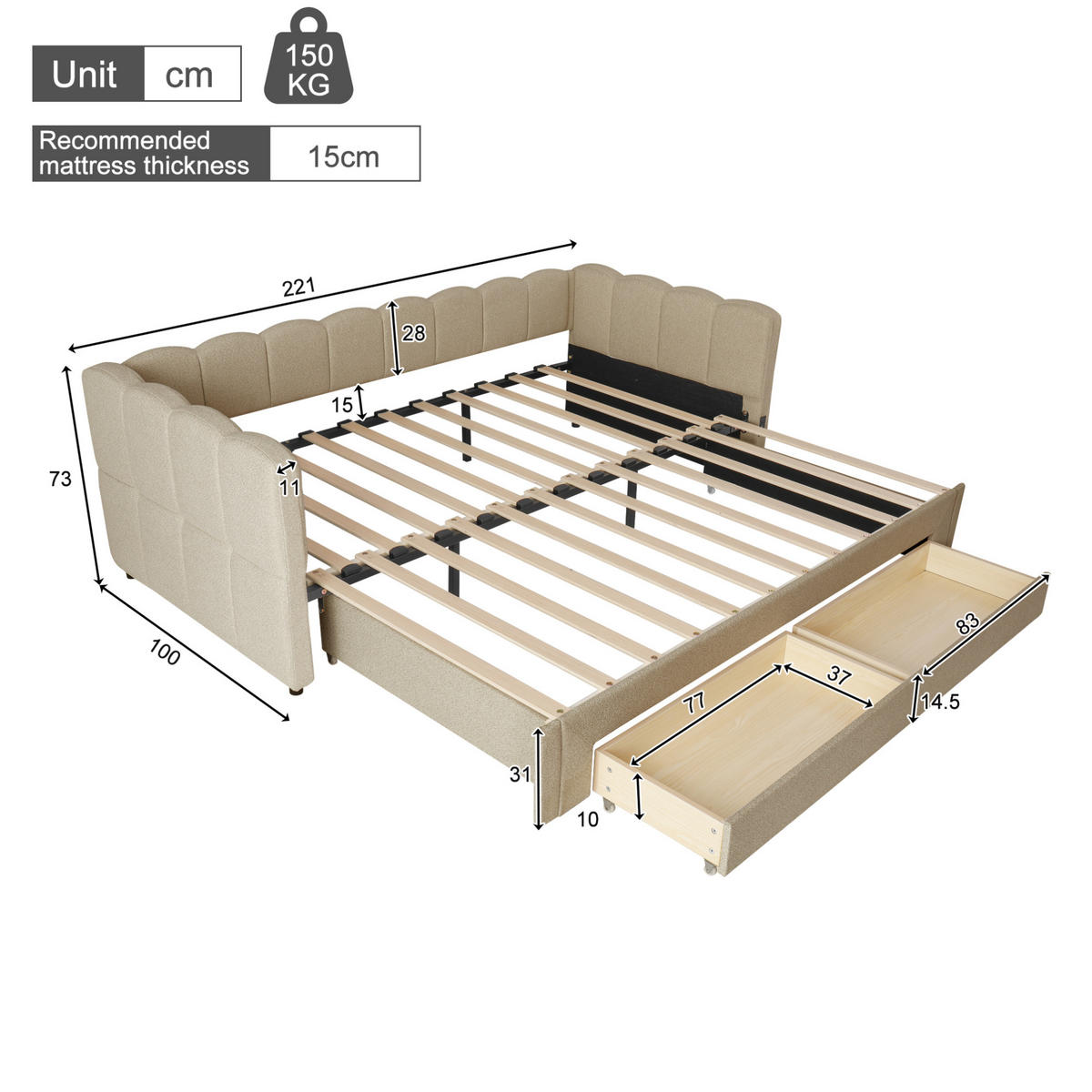 POLSTERBETT 90/200 cm beige aus Chenille mit Ausziehfunktion und USB-Anschluss - Beige, Textil (90/200cm) - OKWISH