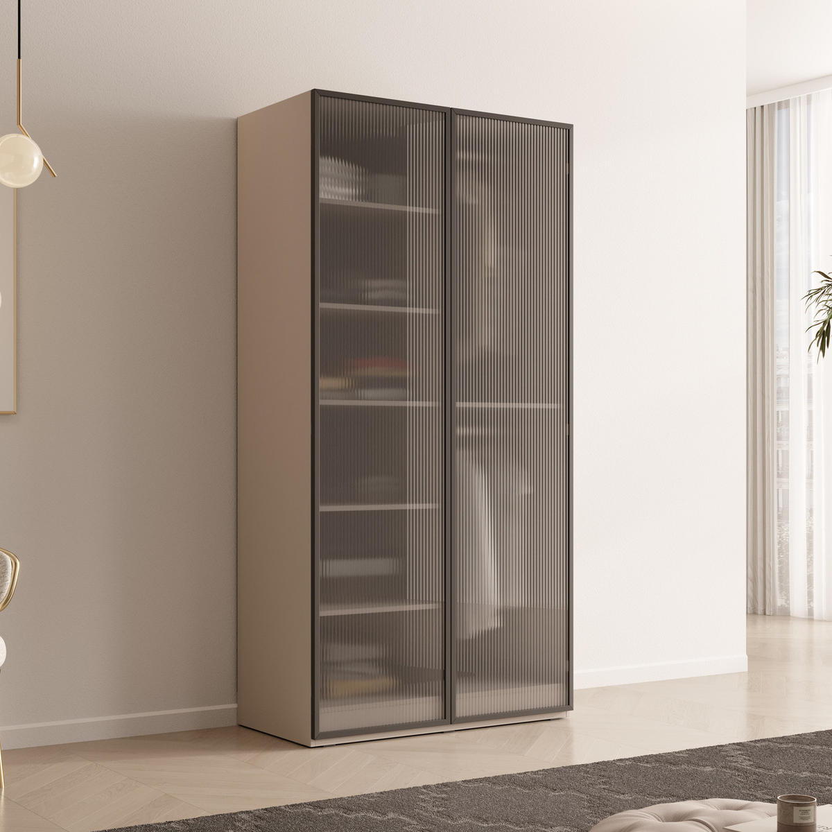 KLEIDERSCHRANK ZEN (Modular, Cashmere Matt, Geriffeltes Glas Flutes, 2-türig) - Kaschmir/Schwarz, Holz/Holzwerkstoff (101/200/51cm) - Ravio