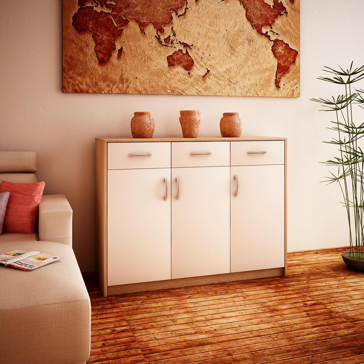 KOMMODE 3D3S Sonoma Eiche-Weiß 110/35/85 cm Sideboard - Weiß/Sonoma Eiche, Holzwerkstoff (110/85/35cm) - Matkam Möbel