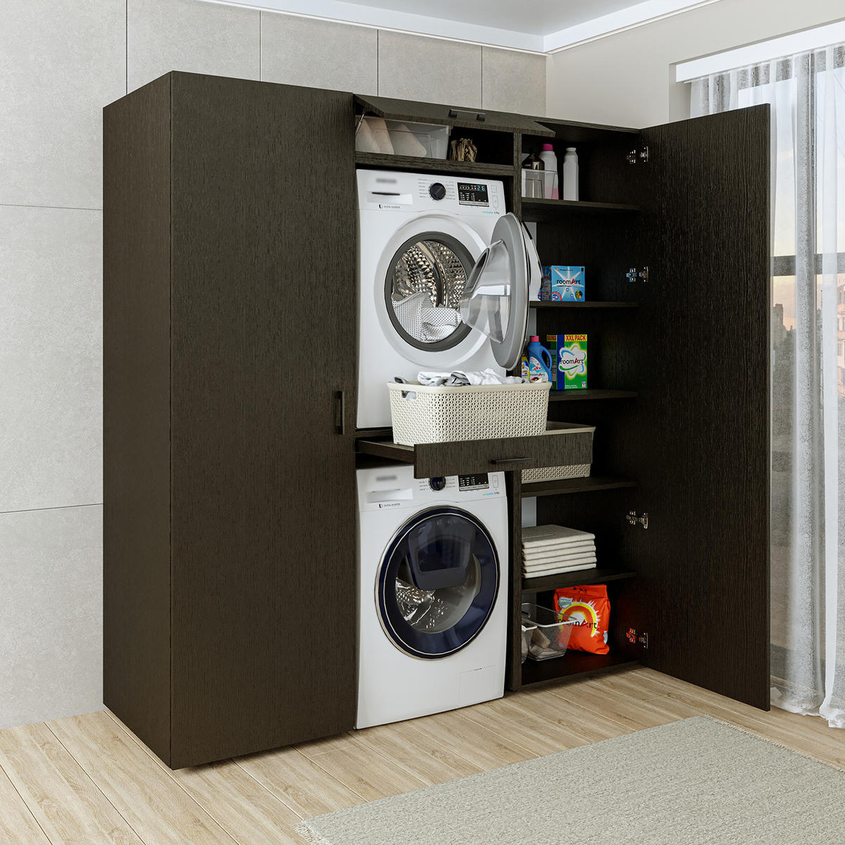 WASCHMASCHINENSCHRANK DUO-I 187cm Breit, 205cm Hoch - Schwarz, Holzwerkstoff (187/205/67cm)