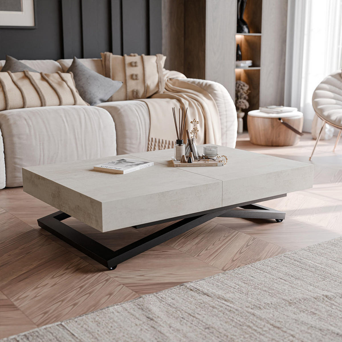 COUCHTISCH SANELLE ausziehbar mit Liftfunktion, 120/80/76 cm Schwarz / Weiß - Schwarz/Weiß, Holzwerkstoff/Metall (120/80/27cm) - Idohome