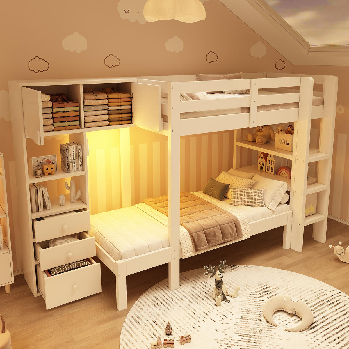 ETAGENBETT 90/200 cm Weiß mit LED-Nachtlicht und Stauraum - Weiß, Holzwerkstoff (90/200cm) - MIVRAY