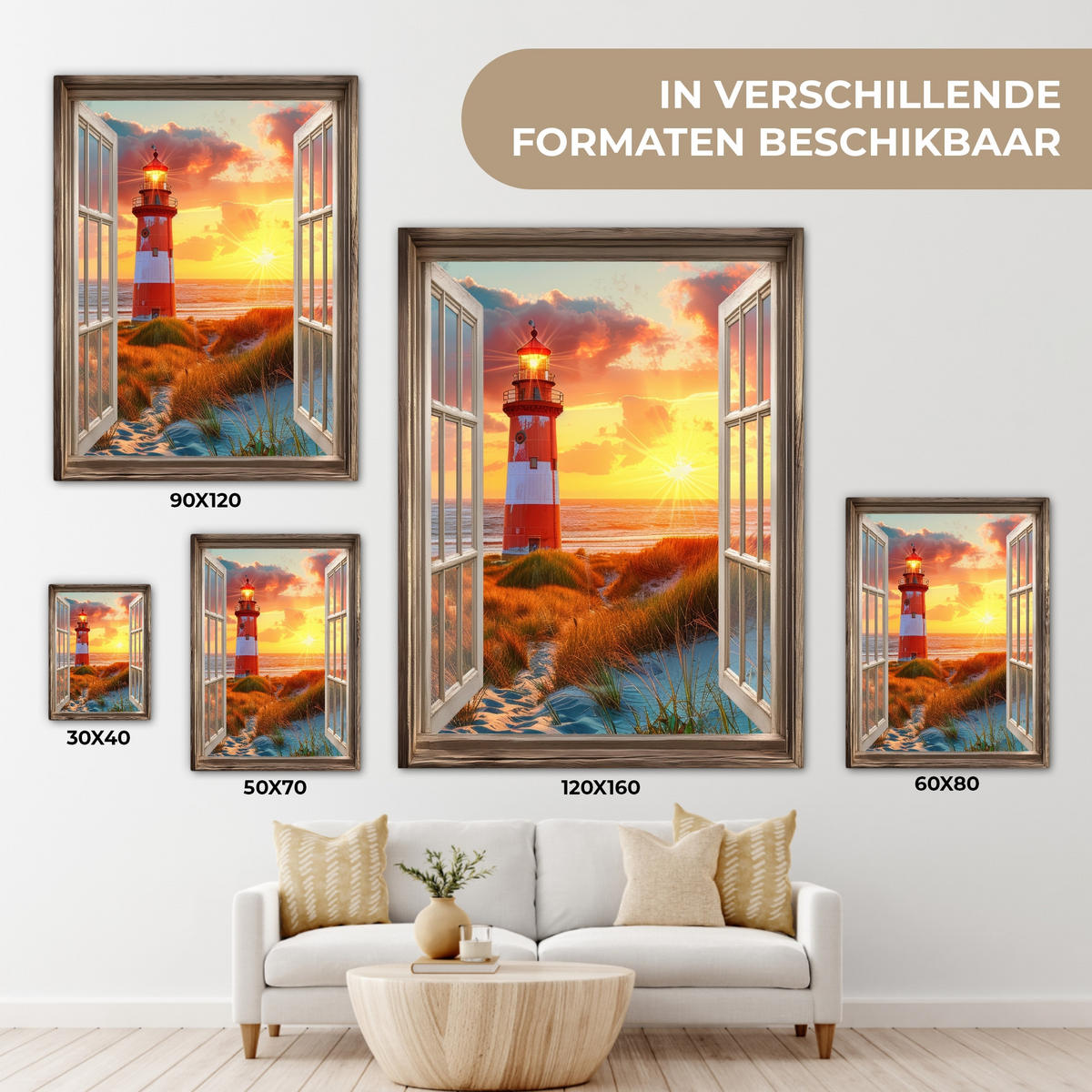 LEINWANDBILD Aussicht - Fenster - Leuchtturm - Sonnenuntergang - Strand Wandbild Wohnzimmer 60x80 cm - Dunkelorange, Textil (60/80cm) - MuchoWow