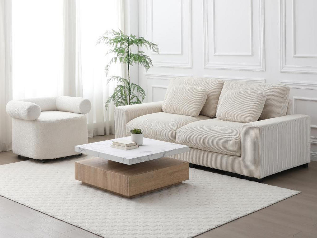 COUCHTISCH drehbar - 1 Schublade - MDF - Marmor-Optik Weiß & Holzfarben - KYRIA - Naturfarben, Holz (80/80/36cm) - Vente-Unique