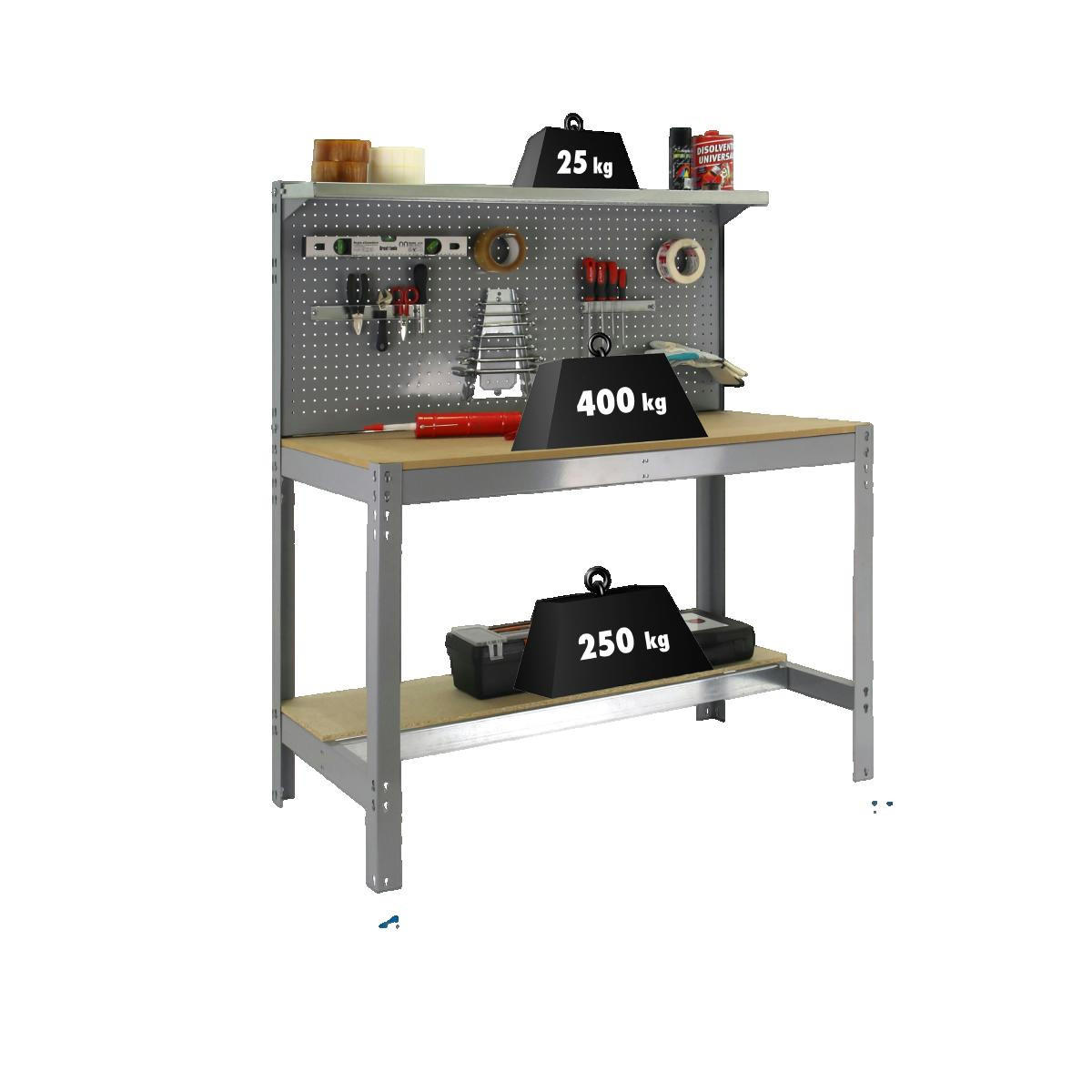 WERKBANK BUFFALO mit Werkzeugwand und Ablage | HxBxT 84x90x61cm | Traglast 400kg | Grau - Grau, Metall (90/90/144cm) - PROREGAL