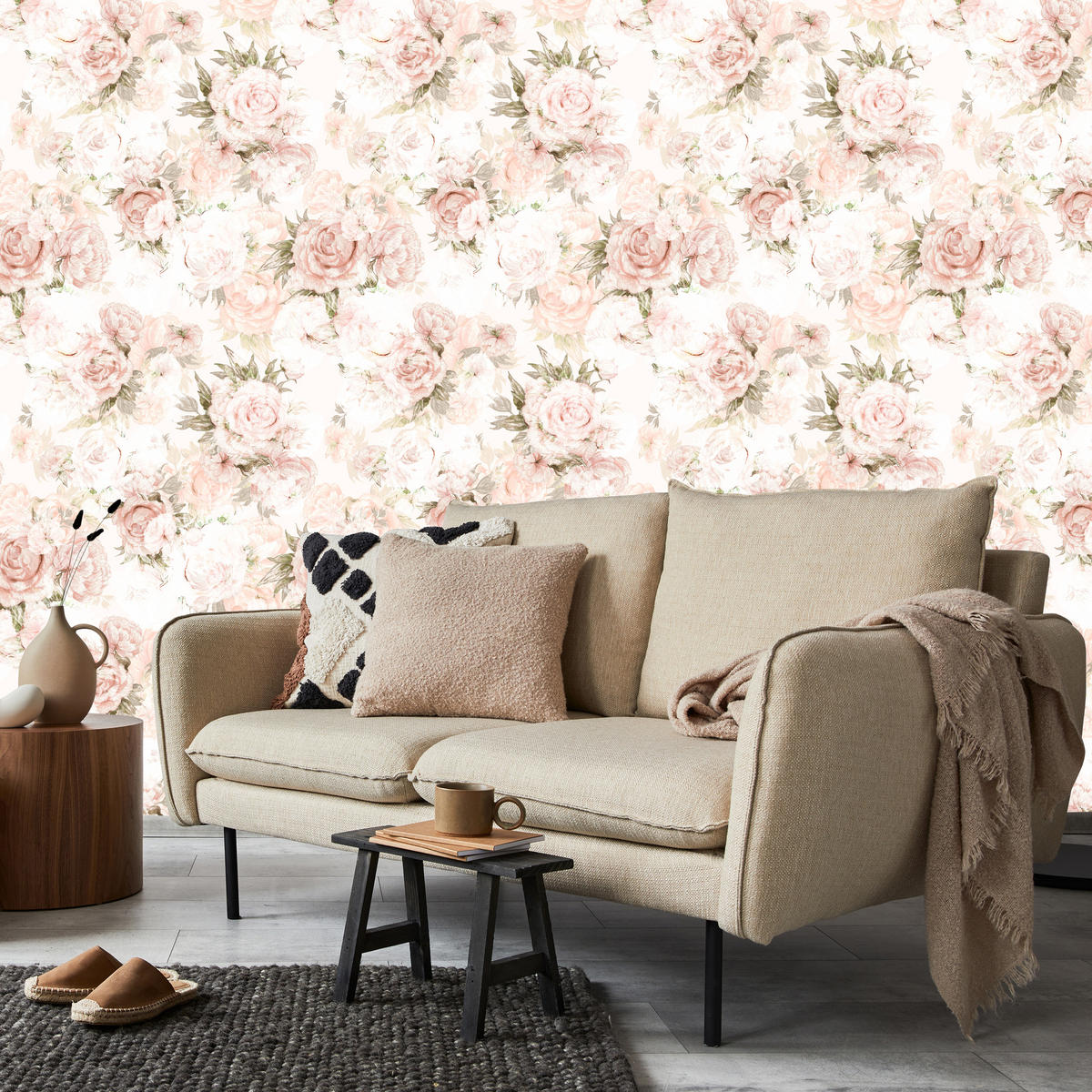 VLIESTAPETE Pastell-Pfingstrosen – Rosa, Beige, Weiß – 50x1000 cm - Beige/Rosa, Papier (50/1000cm) - Muralo