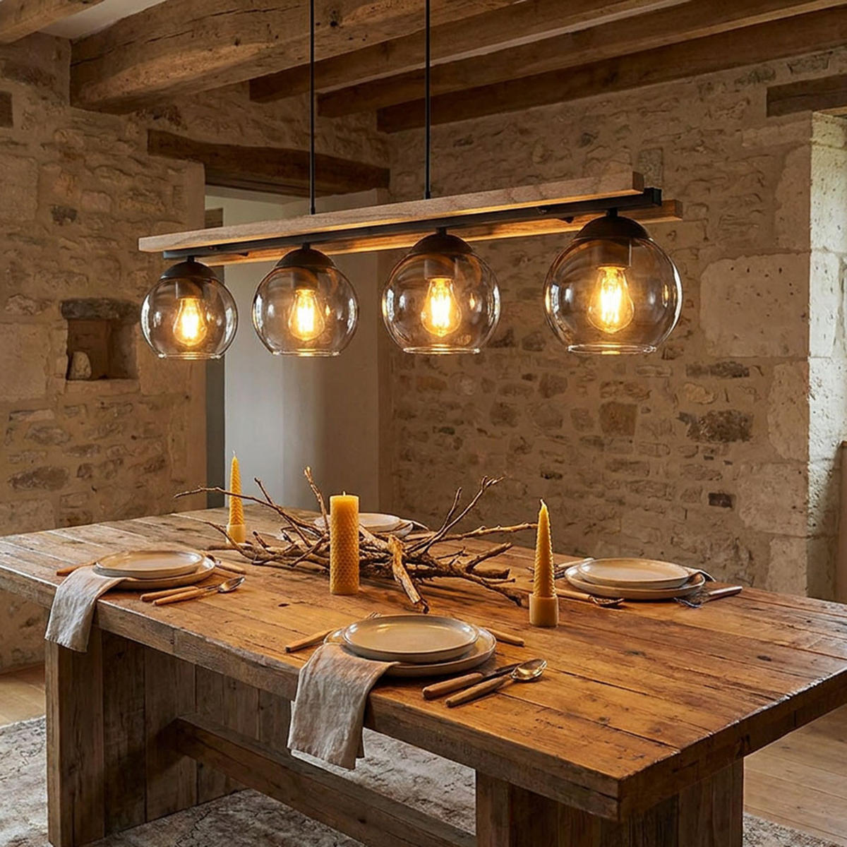 HÄNGELEUCHTE Metall Eichenholz Schwarz 4 Flammig - Schwarz, Holz (85/15/120cm) - Globo Lighting