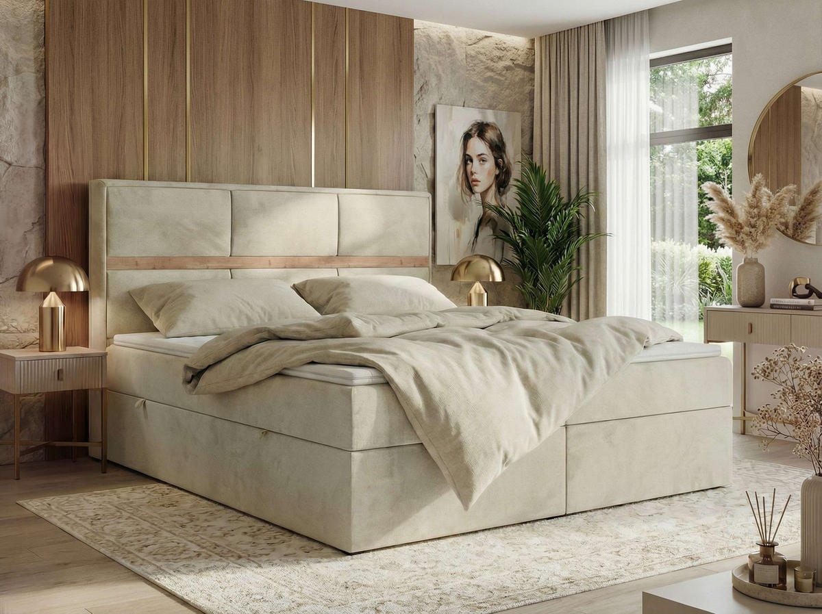 POSTEL BOXSPRING ORVO 160/200 - Béžová Samet - Topper Visco - H3 - černá/béžová, textil/plast (160/200cm) - MKS