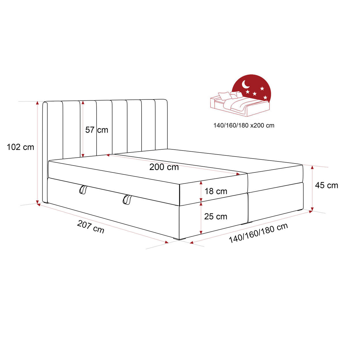 BOXBETT LEO 200/200 cm mit Matratze und Topper, Dunkelgrau - Dunkelgrau/Schwarz, Holzwerkstoff/Kunststoff (200/200cm) - Idohome
