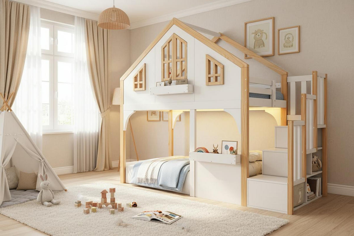 HOCHBETT 90/200 cm in Weiß & Natur mit LED, Stauraumtreppe und Fenster-Design - Weiß, Holz/Holzwerkstoff (90/200cm) - CHICFURN