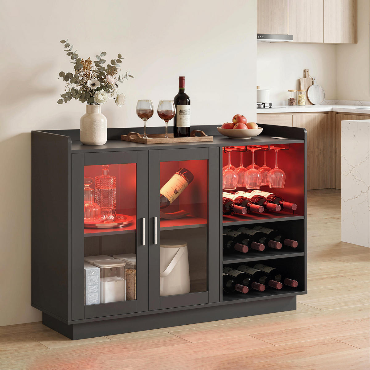 WEINREGAL, LED, verstellbarer Boden, Holz/Glas, schwarz, 120x38x88cm - Multicolor, Metall (120/88/38cm) - FORIOUS
