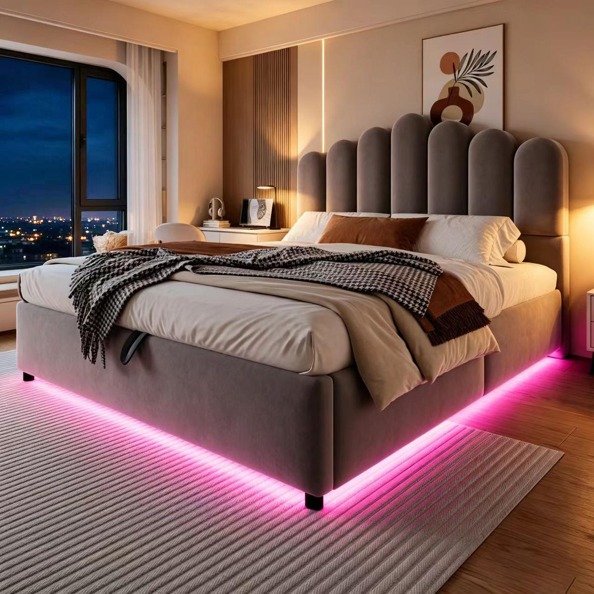 POLSTERBETT 140/200 cm in Grau mit Bettkasten, LED und stabilem Lattenrost aus Samt - Grau, Holzwerkstoff/Textil (140/200cm) - STILVORA