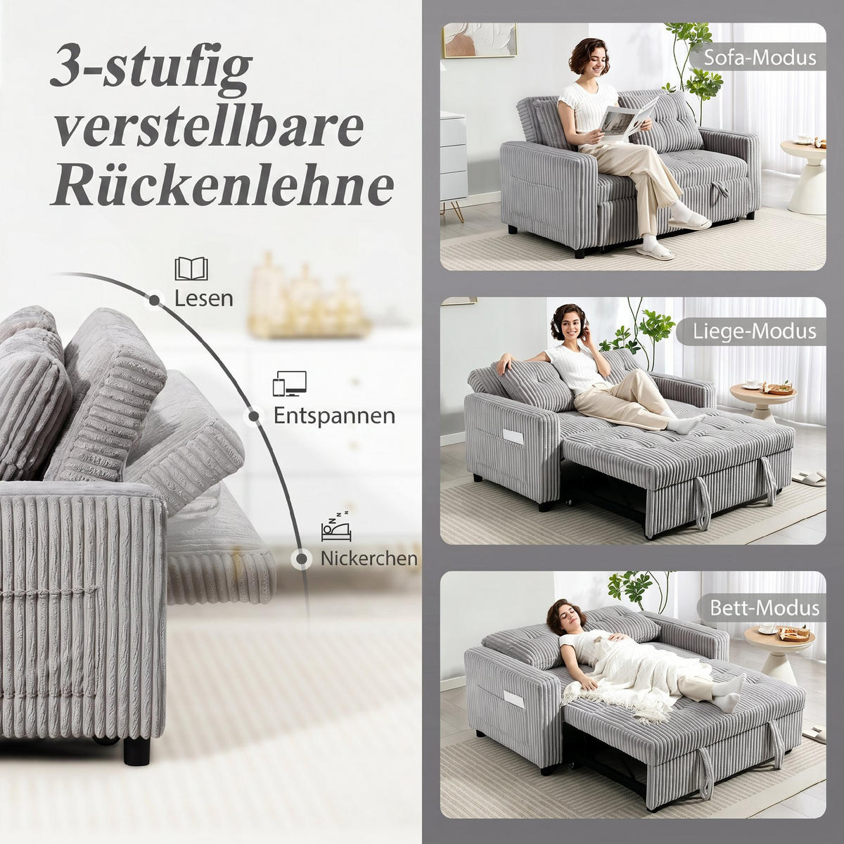 SCHLAFSOFA Polyester Stahl Hellgrau - Hellgrau/Schwarz, Holz/Kunststoff (90/91/157cm) - HOMCOM