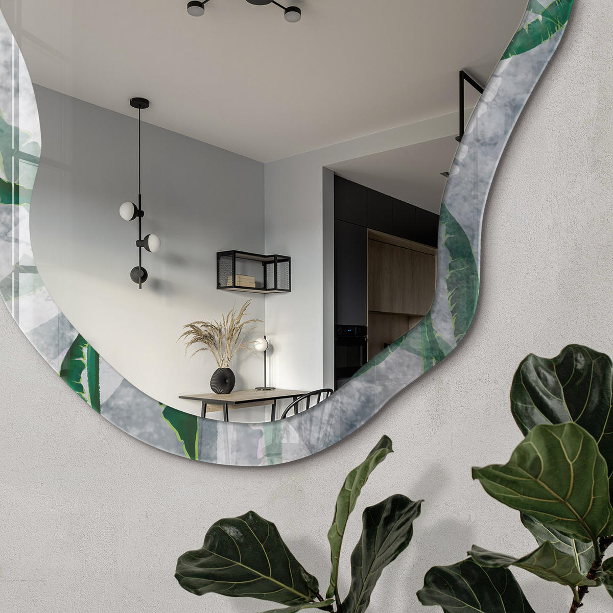 SPIEGEL 90x45 cm asymmetrisch mit Druck - Grüne Blätter - Transparent, Glas (45/90/0.4cm) - TULUP