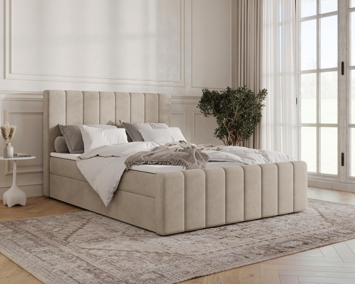 BOXBETT 01 BIS 180 x 200 cm - Manila - Modernes Polsterbett mit Bettkasten inkl. PU-Schaum-Topper und Federmechanismus - Beige, Holz (180/200cm) - ROYAL24_MARKT