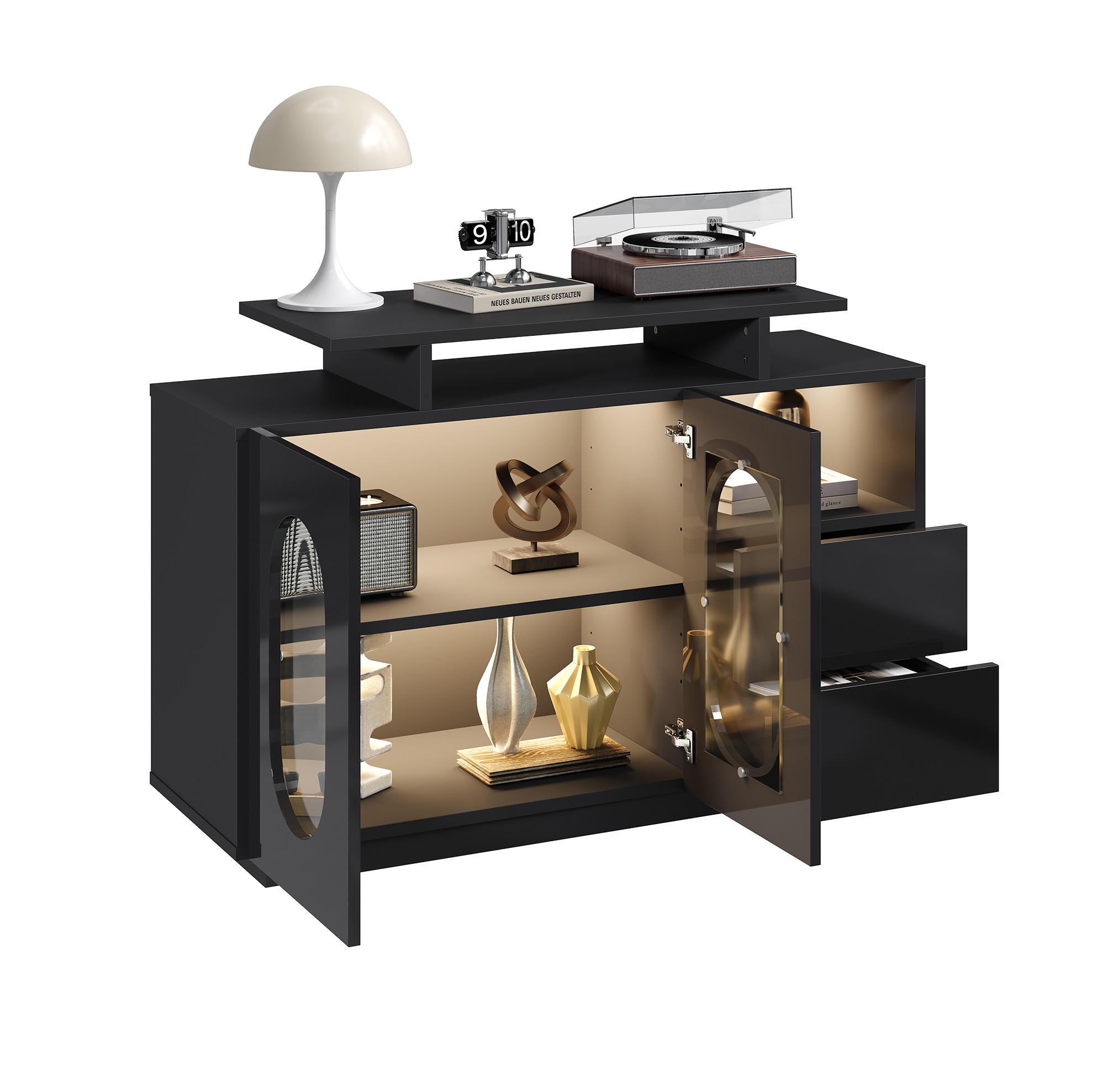 SIDEBOARD 120/40/80 cm mit LED, Glastür und Hochglanzfront in Schwarz - Schwarz, Holzwerkstoff (120/80/40cm) - BEAOK