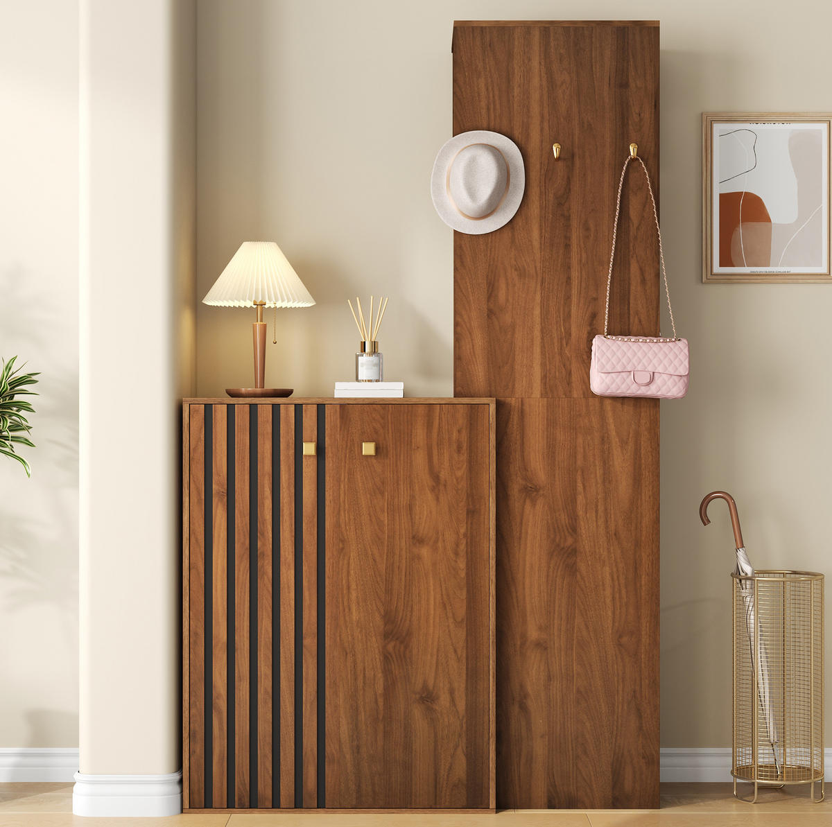 KOMPAKTGARDEROBE mit Schuhschrank 115 x 38,5 x 191,5 cm MDF nussbaumfarben - Braun, Holzwerkstoff (38.5/191.5/115cm) - Beauniv