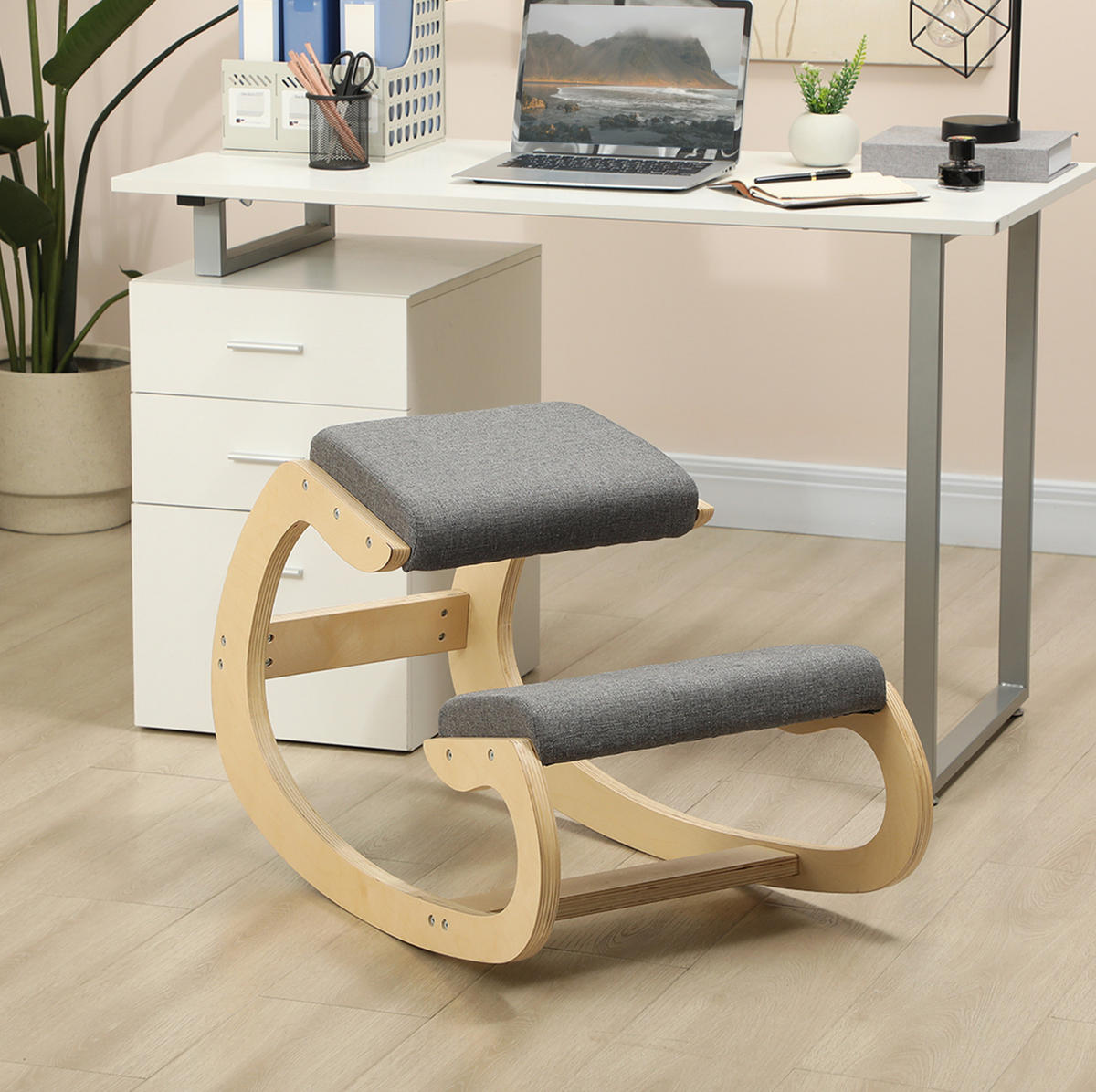 STUHL 54,5/85/54 cm, ergonomischer Kniestuhl, schaukelnd, Birkenholz, Grau - Grau, Holz (85/54/54.5cm) - Redom