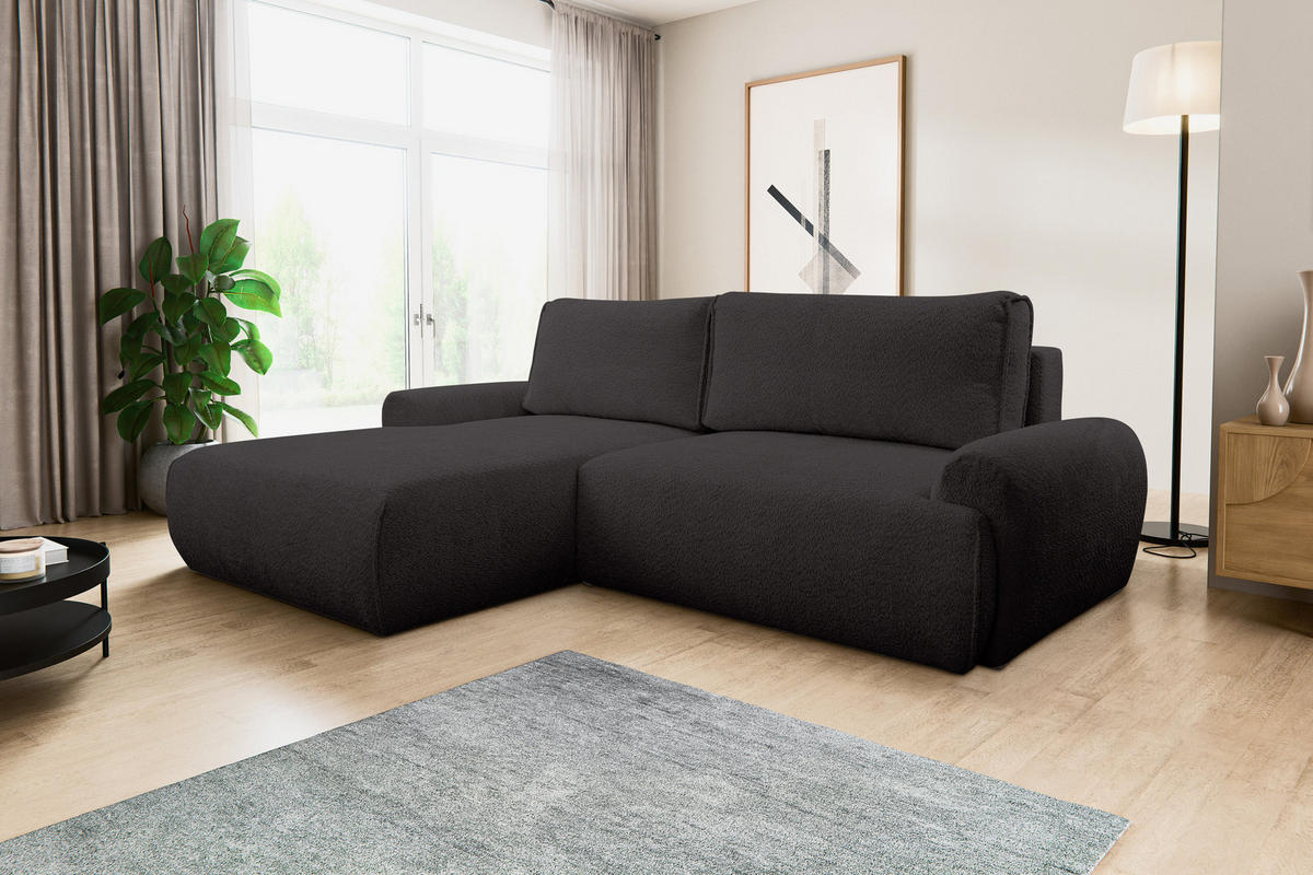 ECKSOFA Moon in L-Form mit Schlaffunktion und Bettkasten, Farbe: Schwarz, Bouclé-Stoff, Ottomane Links - Schwarz, Textil (136/260cm) - VENASI MÖBEL
