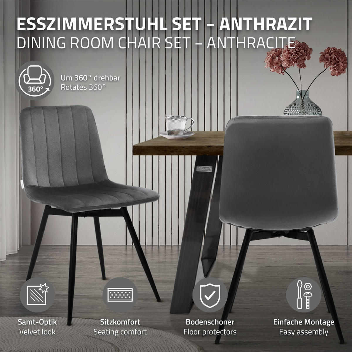 ESSZIMMERSTÜHLE 2er Set drehbar Küchenstühle gepolstert aus Samt Anthrazit - Anthrazit/Schwarz, Textil/Metall (43/81/52cm) - ML-DESIGN