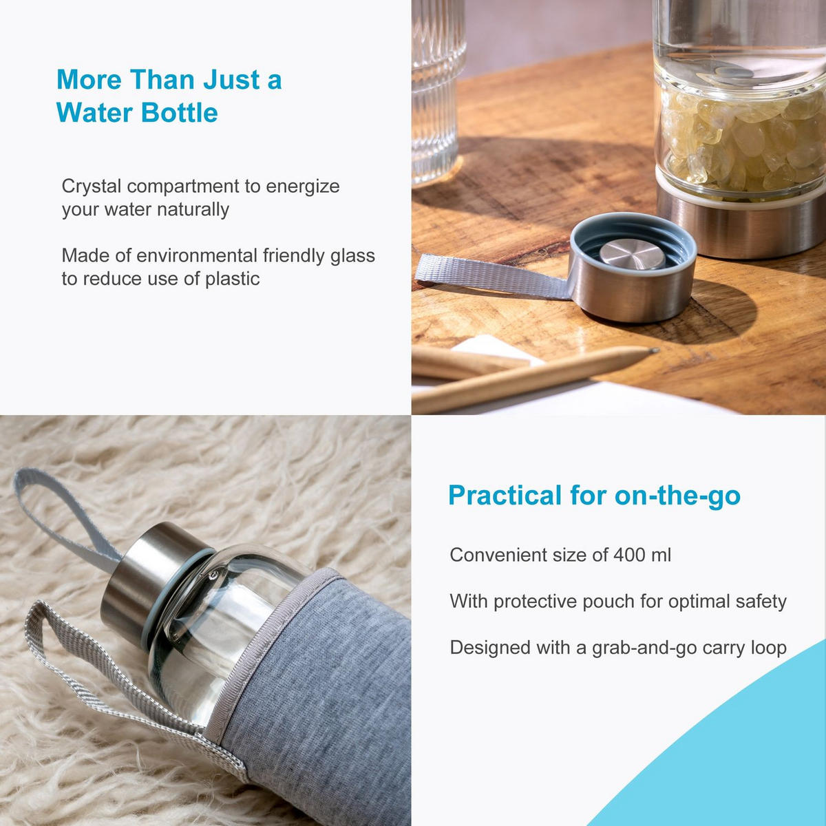 WASSERFLASCHE mit Heilsteinen und Tasche 400ml - Gelb, Glas (0.4L) - Intirilife