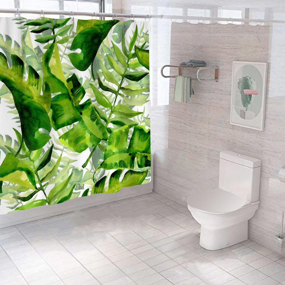 DUSCHVORHANG 3D Blätter Dschungel tropisch 180 x 180 cm bedruckt wasserdicht mit Haken - Multicolor, Textil (180/180cm) - MCBOSON