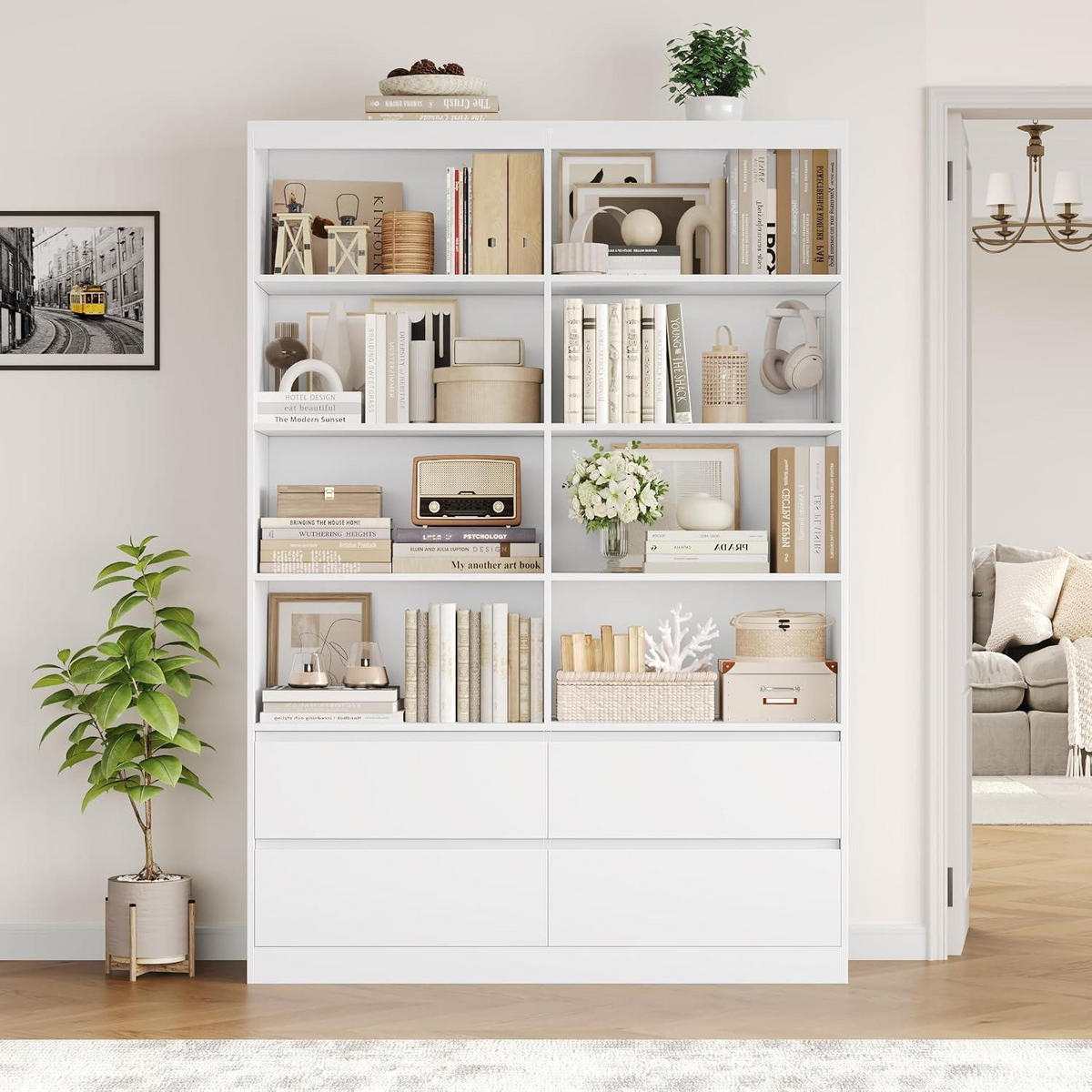 BÜCHERREGAL mit 4 Schubladen weiß 120 x 30 x 180 cm - Weiß, Holzwerkstoff (120/180/30cm)