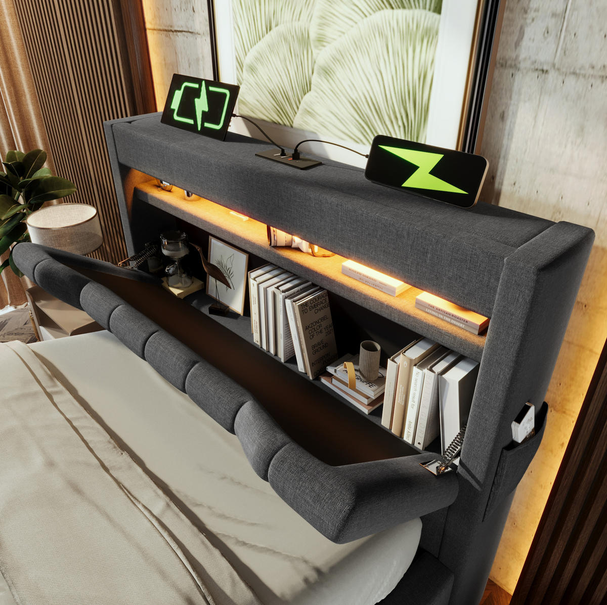 BETT mit Stauraum und LED 90x200 cm Leinen Grau inkl. Matratze - Grau, Metall (90/200cm) - Meubliv