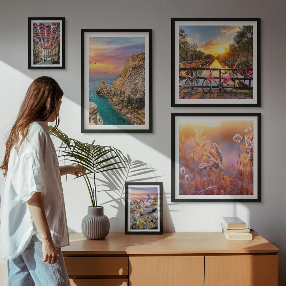 WANDBILDER 5er-Set - 50x50 cm & 20x30 cm & 40x60 cm Schwarzer Rahmen - Sonnenuntergänge am Meer - Schwarz, Kunststoff (40/60cm) - ArtPrintCave