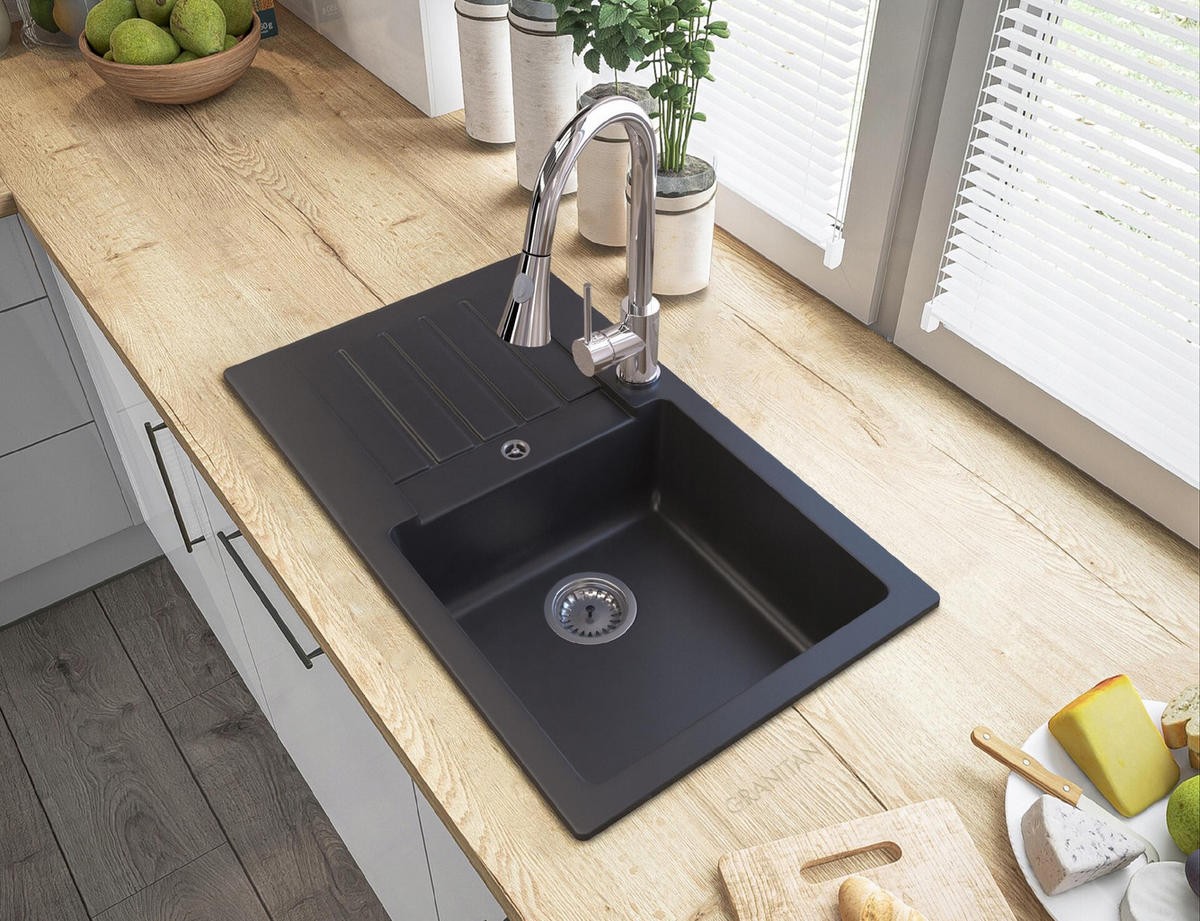 GRANITSPÜLE Trix mit Batterie Siphon - Schwarz, Kunststoff/Stein (41/23/76cm) - Granitan