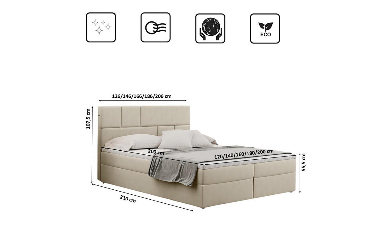 BOXBETT Mit Bettkasten BALI Stoff Mat Velvet Ecru 180x200 cm H3-Bonell - Ecru, Holz/Holzwerkstoff (180/200cm) - Kaiser Möbel