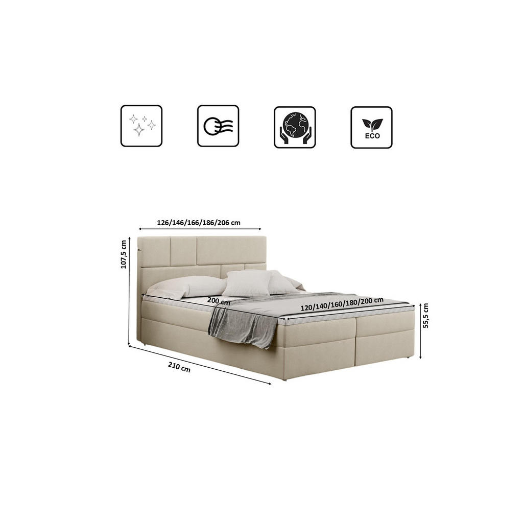 Thumbnail - Kaiser Möbel Boxbett, Ecru, Textil, H2, Höhe ca. 20 cm, einzeln stellbar, 160x200 cm, Schlafzimmer, Betten, Boxspringbet...