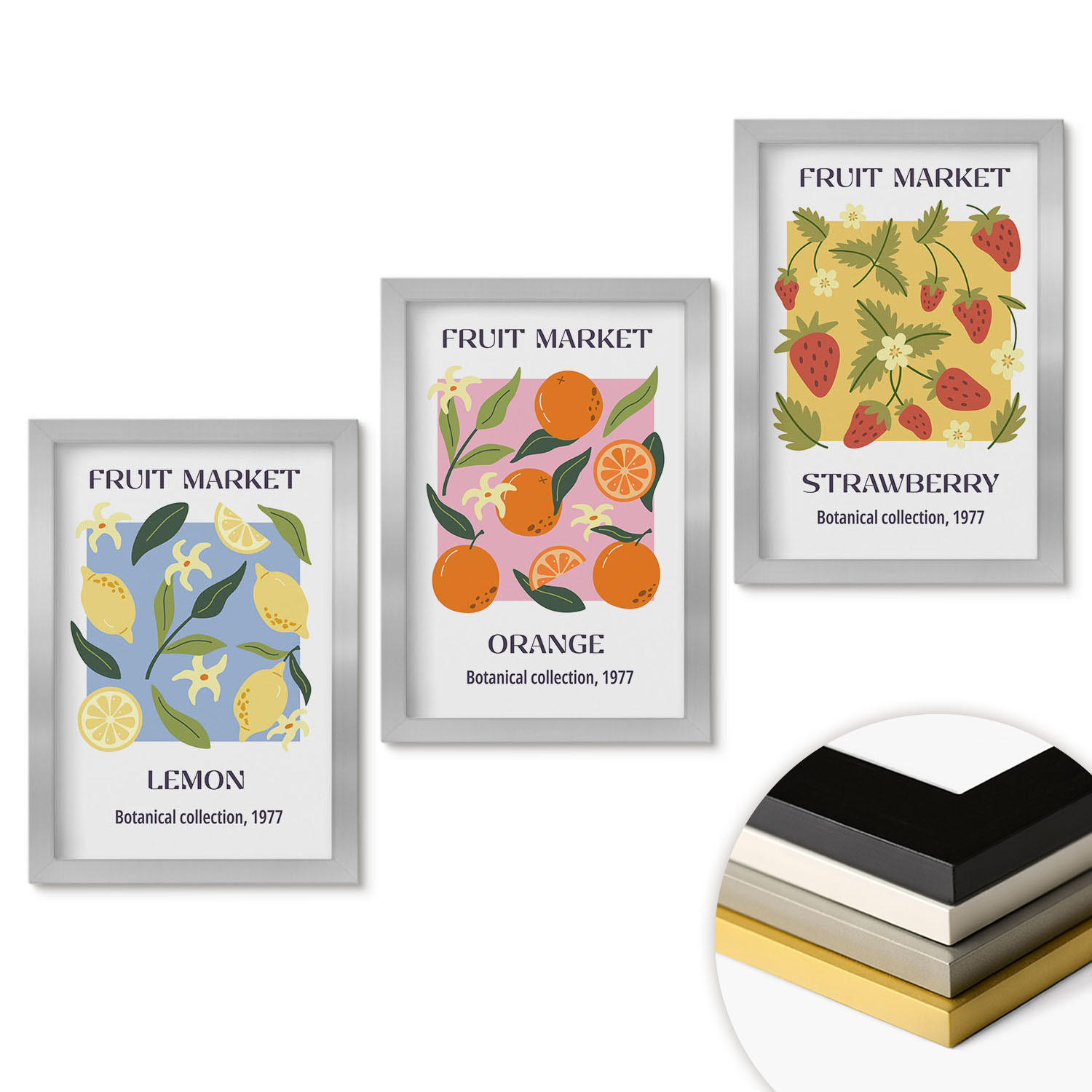 WANDBILDER 3er Set - 20x30 cm Silberner Rahmen - Fruchtposter Zitronen Erdbeeren - Silberfarben, Kunststoff (20/30cm) - ArtPrintCave