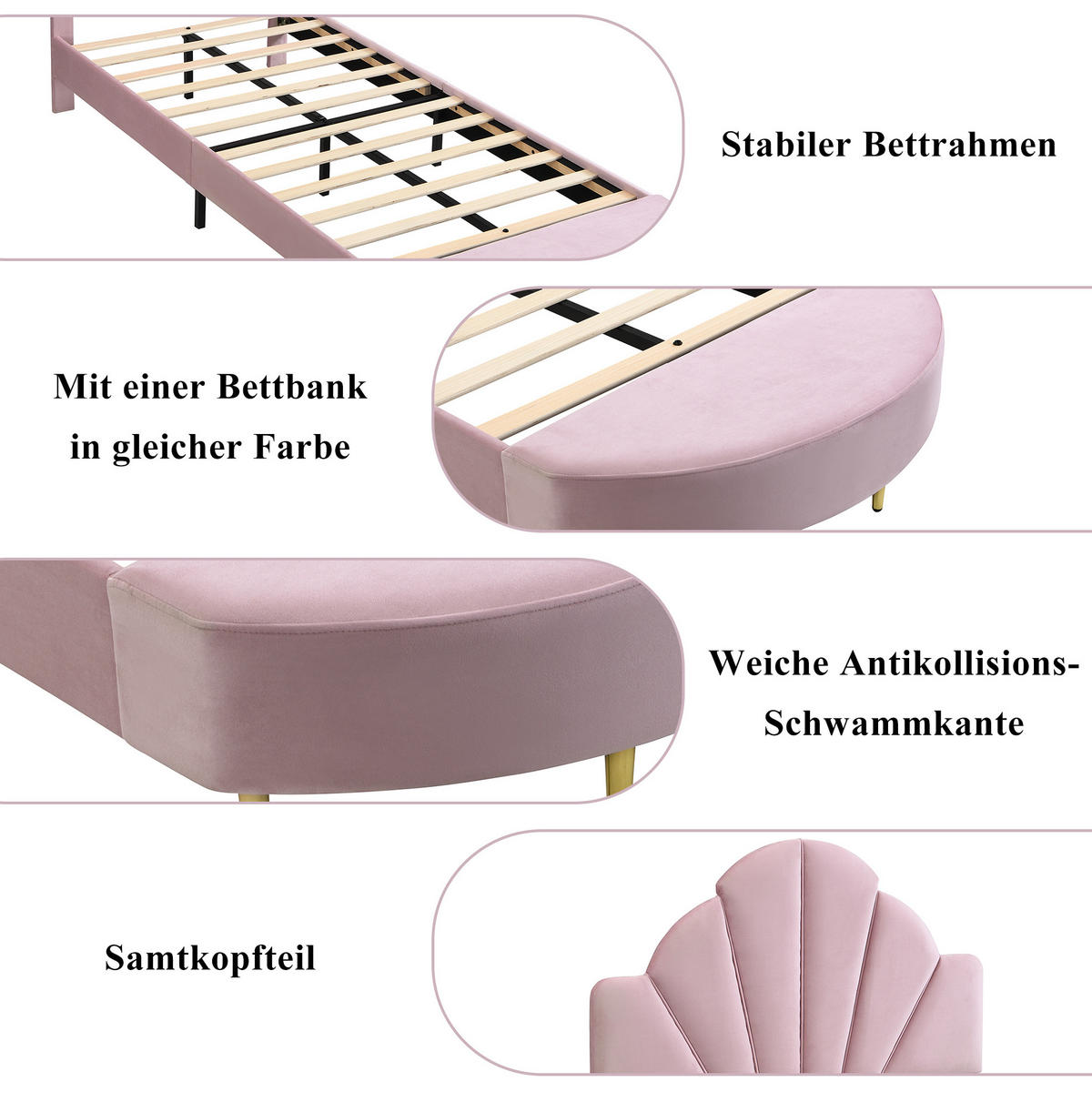 POLSTERBETT 90/200 cm Rosa aus Samt mit Bettbank - Rosa, Textil (90/200cm) - OKMYHOME