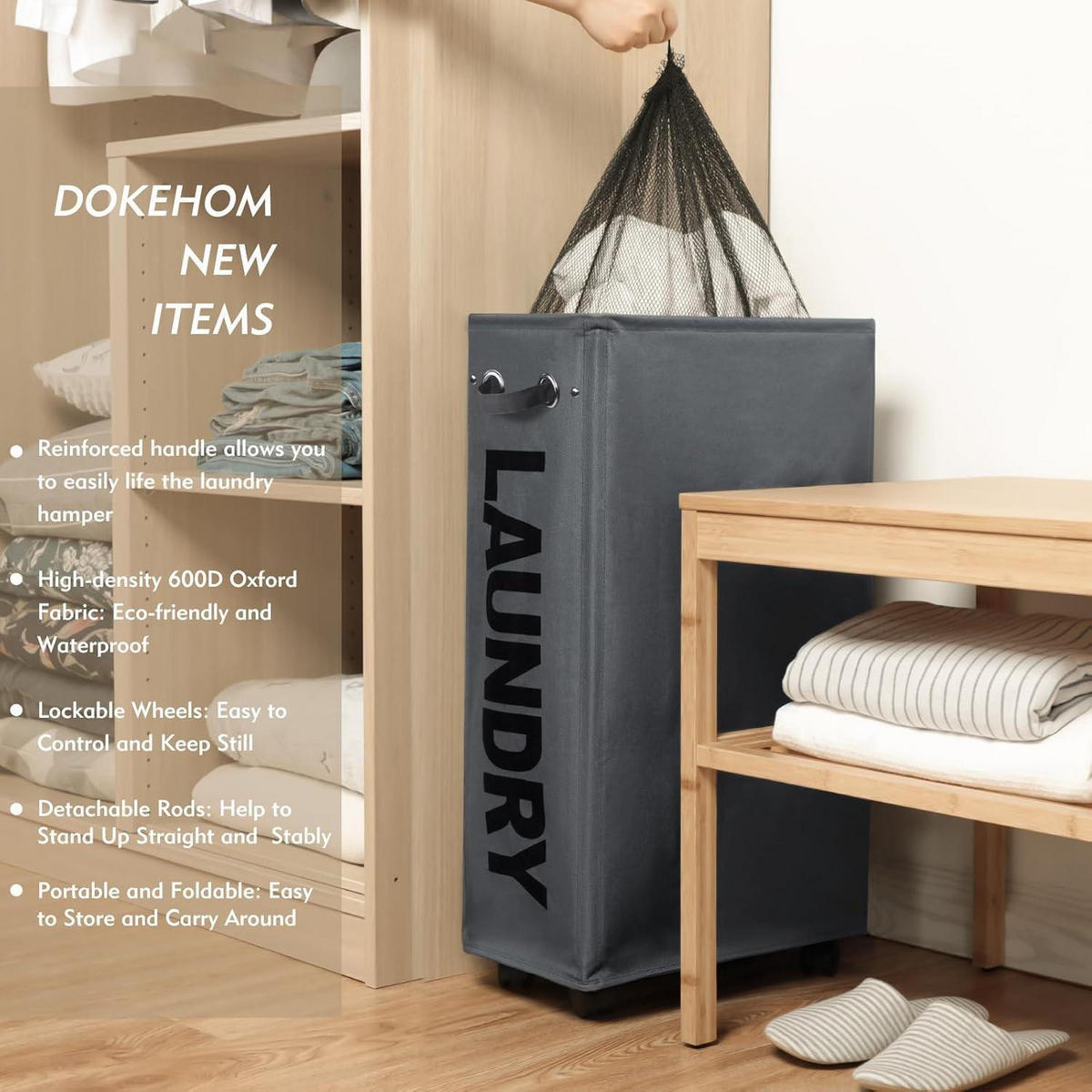 WÄSCHEKORB mit Rollen 70 L Dunkelgrau - Anthrazit, Textil (23.5/73.5/40.5cm)