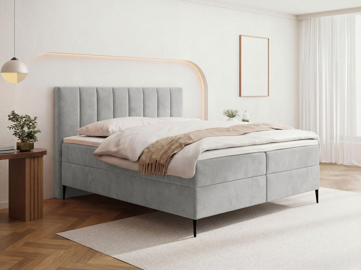 BOXBETT Allen mit Bettkasten, Samt Hellgrau 160x200 cm – inkl. H4 Taschenfederkern Matratze & Foam Topper - Hellgrau/Schwarz, Holzwerkstoff/Metall (160/200cm) - WFL GROUP
