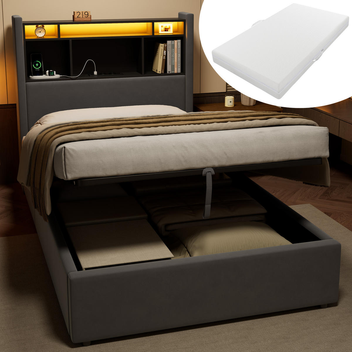 POLSTERBETT 90×200 mit LED-Beleuchtung,Kopfteilablage und Matratze - Grau, Holzwerkstoff/Textil (90/200cm) - EVRYAE