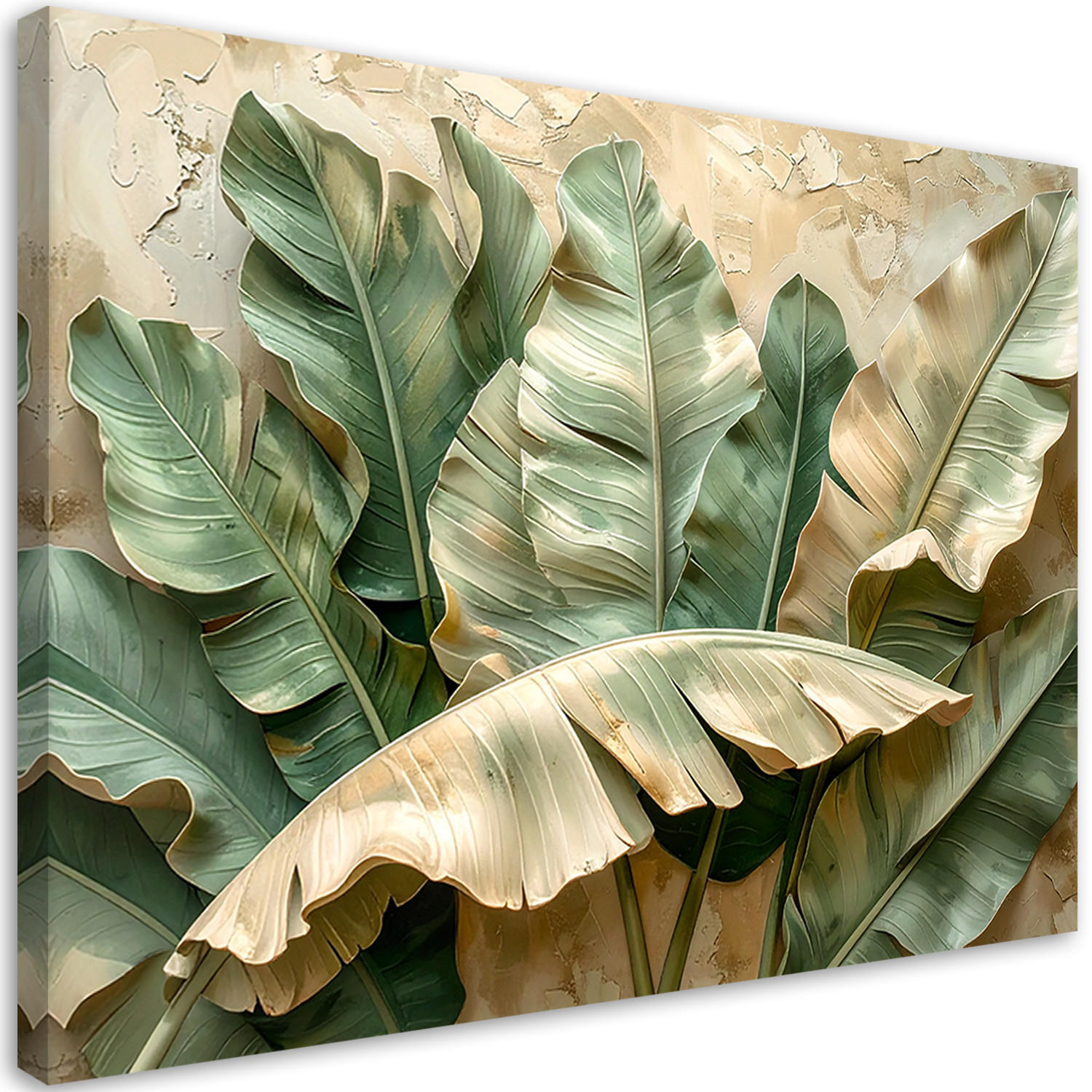 BILD auf Leinwand, Grüne und beige tropische Blätter - Beige, Textil (120/80cm) - Feeby